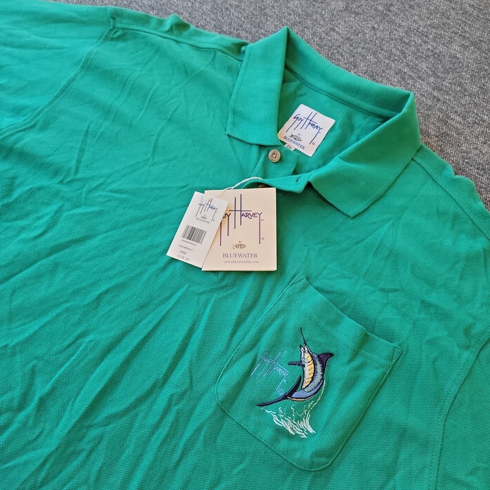 Guy Harvey Polo Shirt Men's 2XL Aftco Bluewater Green Embroidered Pocket Fishing